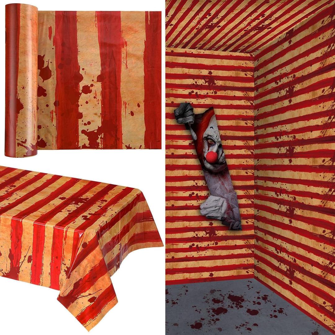 Tegeme 100 FT Creepy Carnival Tablecloth Roll for Horror Circus Halloween Decorations Bloody Creepy Tent Backdrop Red and White Striped Tablecloth for Clown Room Wall Evil Circus Party Decorations (53" x 1200" (Rectangular))