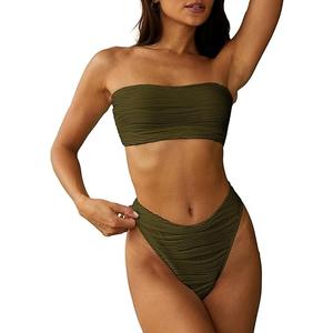 ZAFUL Women Strapless Textured Bandeau Bikini 2 Piece Swimwear Cheeky Solid Lace up Bathing Suits Small
