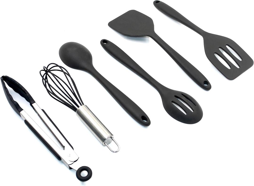Mini Silicone Kitchen Utensils Set 6-Piece Black, Space-Saving Cooking Tools, Kid-Safe Cookware, Travel, Small Kitchen Utensil Set for Camping & RV