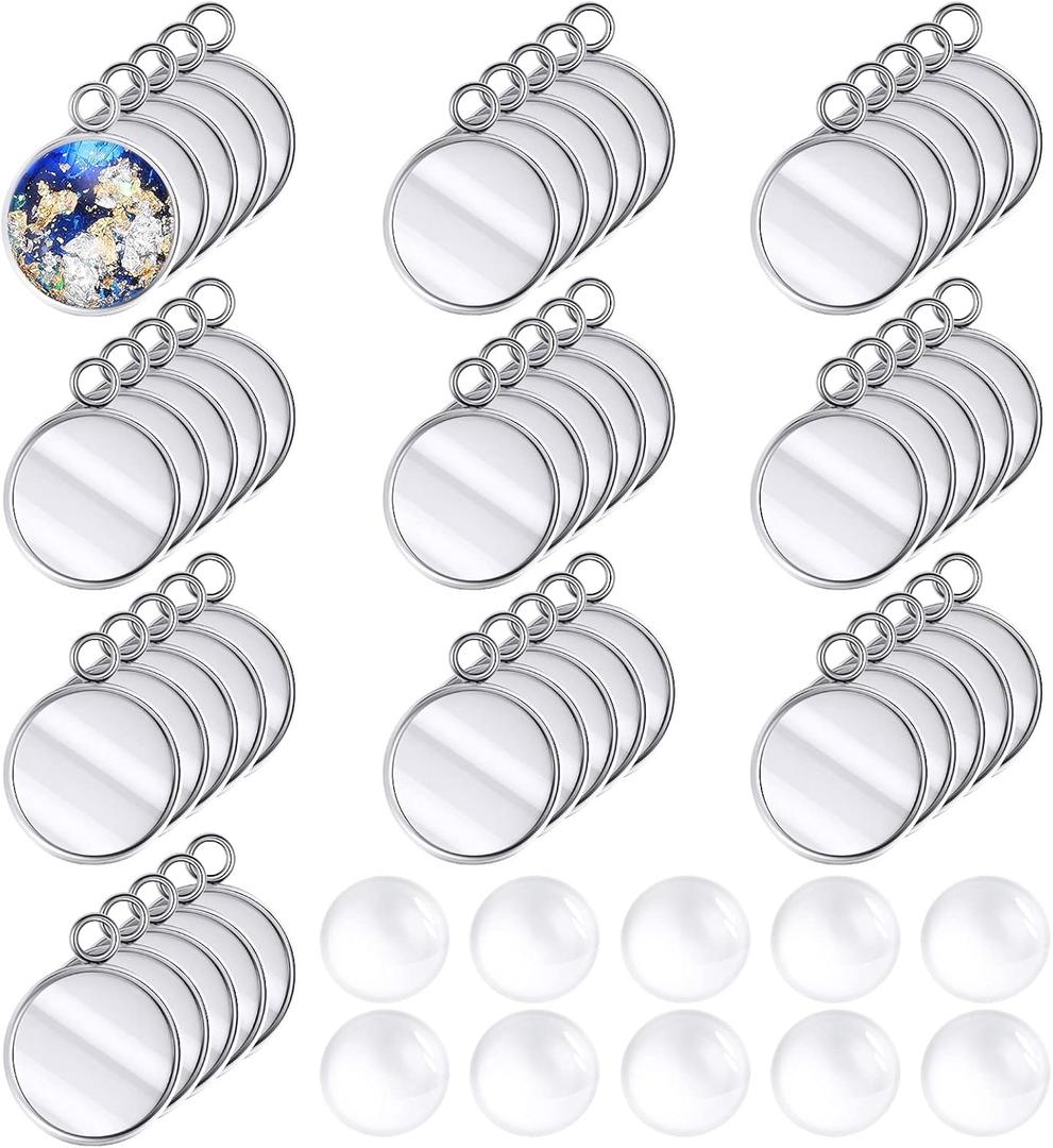 Hicarer 200 Pieces 12 mm Stainless Steel Round Blank Bezel Set, Including 100 Pendant Trays 100 Glass Cabochon Trays Pendant Blanks for Jewelry Making DIY Findings