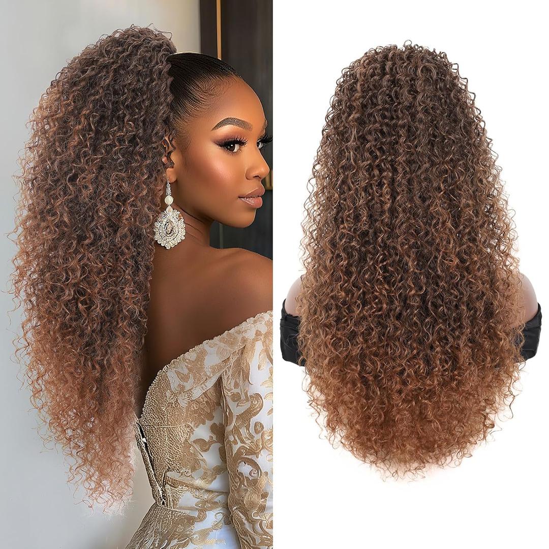 Youthfee 27 Drawstring Ponytail Deep Curly Heat Resistant Synthetic Instant Clip Ponytail Extension Protective Style Afro Kinky Curly Hair Pieces for Women (27 Inch Mix Black Brown)