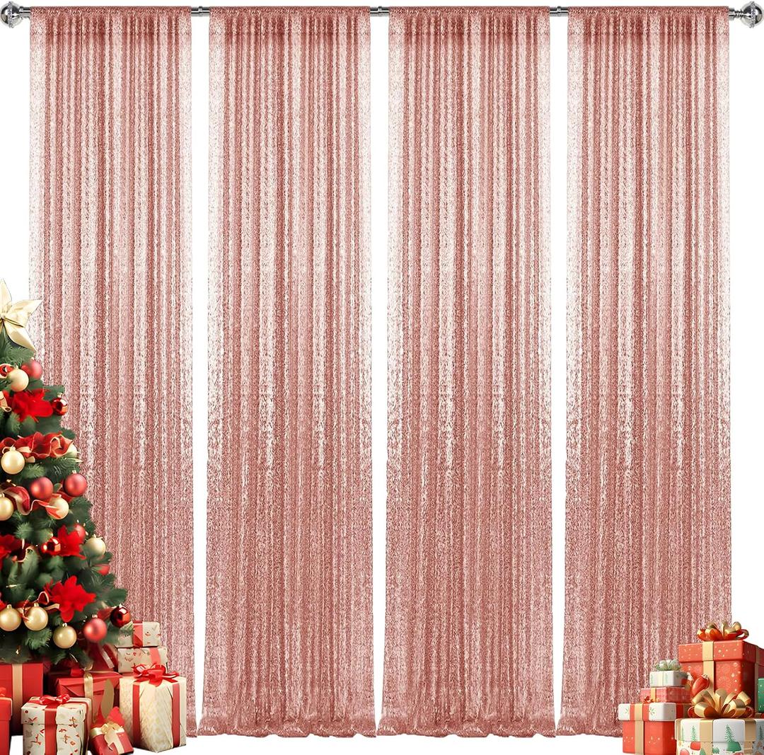 28FT-4PCS Rose Gold Sequin Backdrop Curtains Panels, Photography Backdrop Glitter Curtains Fabric Background for Christmas Wedding Party Decor