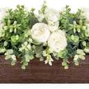 Dahey Centerpiece Table Decorations for Dining Room Farmhouse Living Room Wood Tray with 3 Artificial Flowers and 2 Eucalyptus for Kitchen Table, 14.1" x 4.7" x 3.1", White