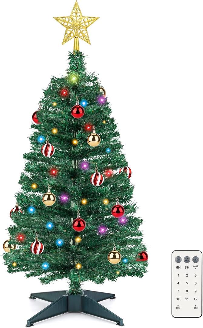 3 FT Small Christmas Tree with Lights, 12 Lighting Modes, Timer&Ornaments, Mini Fake Artificial Xmas Tree for Tabletop, Home, Office, Christmas Decoration Tree Decor