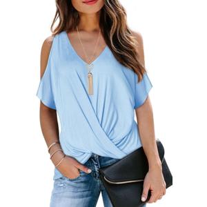 LEIYEE Womens Summer Cold Shoulder Tops Short Sleeve Front Twist Knot V Neck T Shirts Draped Blouses (Blue, XL)