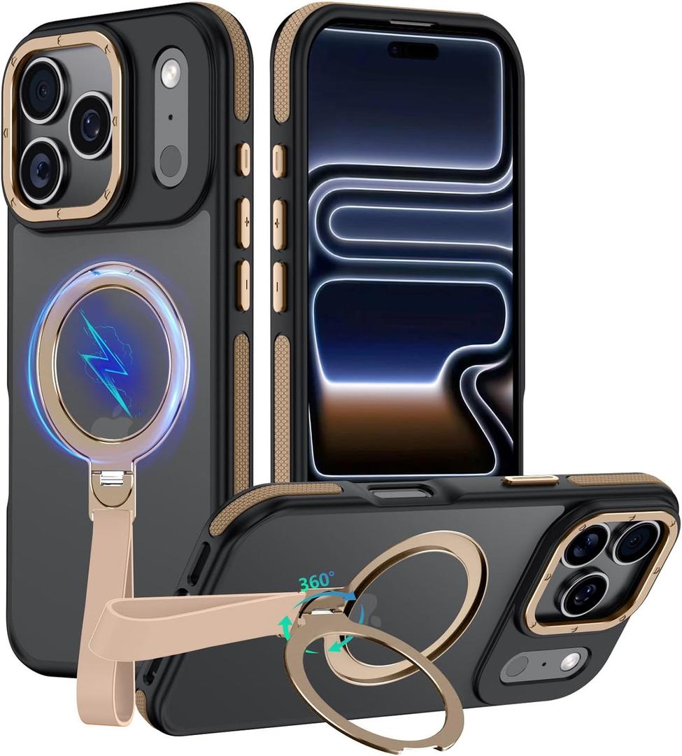 360Spin Magnetic Stand Compatible with iPhone 17 Pro Case, Ring Holder&Kickstand with Silicone Strap[Fit for MagSafe], Mil-Grade Shockproof Protective Translucent Phone Case (Desert Gold)