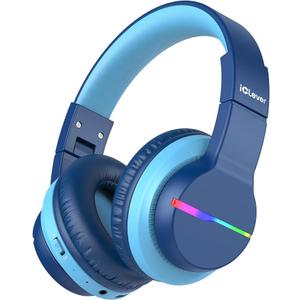IClever BTH12 Kids Bluetooth Headphones,Colorful LED Lights Kids Headphones Wireless,74/85dBA Safe Volume,85H Playtime,Fast Charging,Bluetooth 5.2,Over Ear,Builtin Mic for iPad/Tablet/Airplane,Blue
