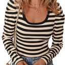 Dokotoo Womens Long Sleeves Bodysuits Striped Sexy Square Neck Sexy Tee Shirt Blouse Plus Size