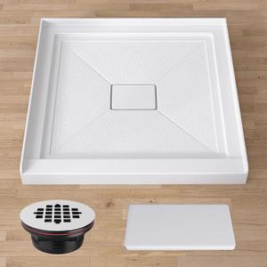 GETPRO Shower Base 34 in. D x 34 in. W Center Drain Single Threshold Shower Pan With Non-Slip Textured Surface, White Acrylic Shower Floor Base for Bathroom with Drain and White Cover Included