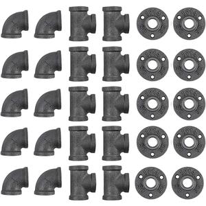 30 Pack 1/2 Inch Cast Iron Pipe Fittings (10 Elbows, 10 Tees, 10 Flange), DIY Steampunk Industrial Vintage Style