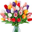 Sggvecsy 15 Pcs Fake Tulips Artificial Flowers Real Touch PU Faux Flowers Tulip Stems for Wedding Spring Bouquet Floral Arrangement Party Home Office Decorations for Mother's Day (Multi Colors) (Mixed 3)