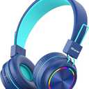 iClever BTH03 Kids Bluetooth Headphones, Colorful LED Lights, 35H Playtime, Bluetooth 5.4, Type C Fast Charging, Safe Volume, Stereo Sound Mic, On Ear Kids Wireless Headphones for iPad Airplane, Blue