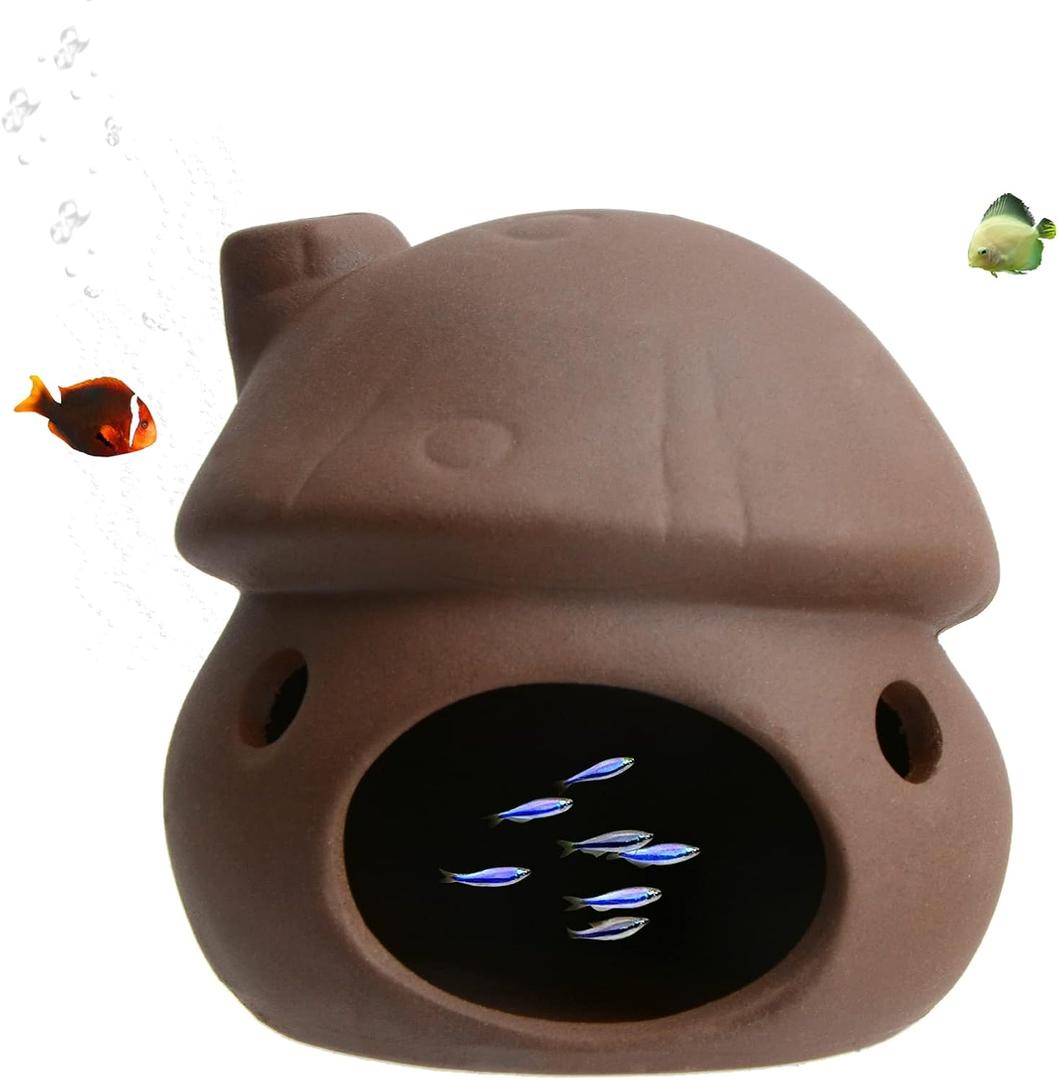 Aquarium Decor Ceramic Mushroom House Ornament Fish Tank Landscape Decoration Pottery Hide Cave Habitat Hut Small Shrimp for Goldfishes to Rest Breed Hiding (Brown)