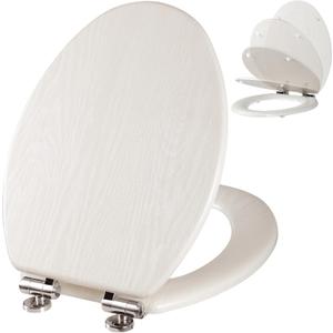 Angel Shield Elongated Wooden White Toilet Seat Quiet Close 18.5" | Quick Release Metal Hinges, Adjustable Fit for Standard Elongated Toilets, Easy to Install&Clean