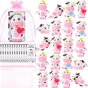 Jenaai 50 Sets Cute Rubber Cow Gifts Set Include Squeak Floating Cows Moo Moo Cards Organza Bags Rubber Animals Figures Bathtub Toy Thank You Favor for Employee Baby Shower Dashboard Decor