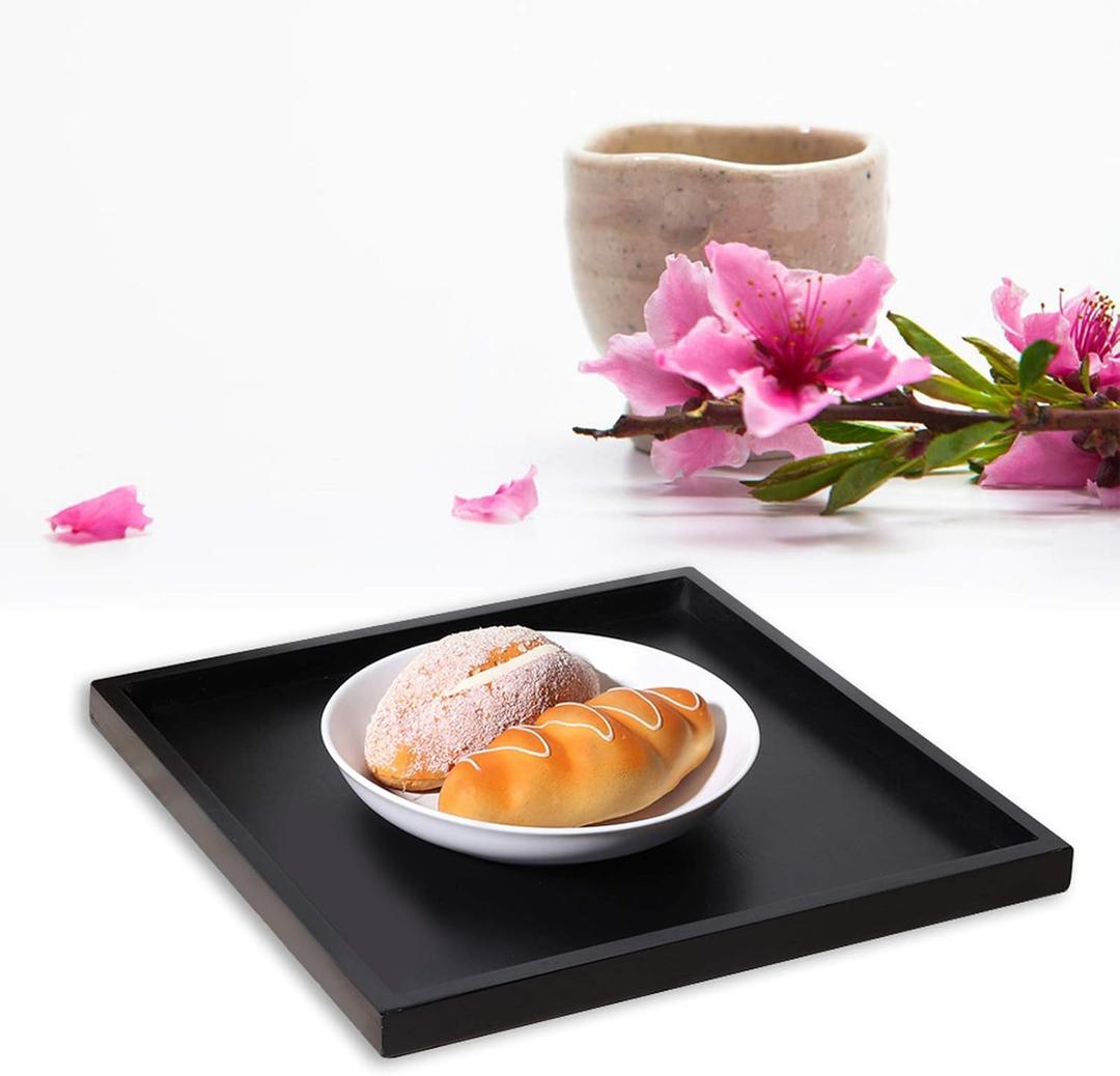 Serving Tray Black Square Decorative Serving Tray Wooden Ottoman Tray Coffee Table Farmhouse Home Decorations 12x12inch (11.8" x 11.8" x 0.8")