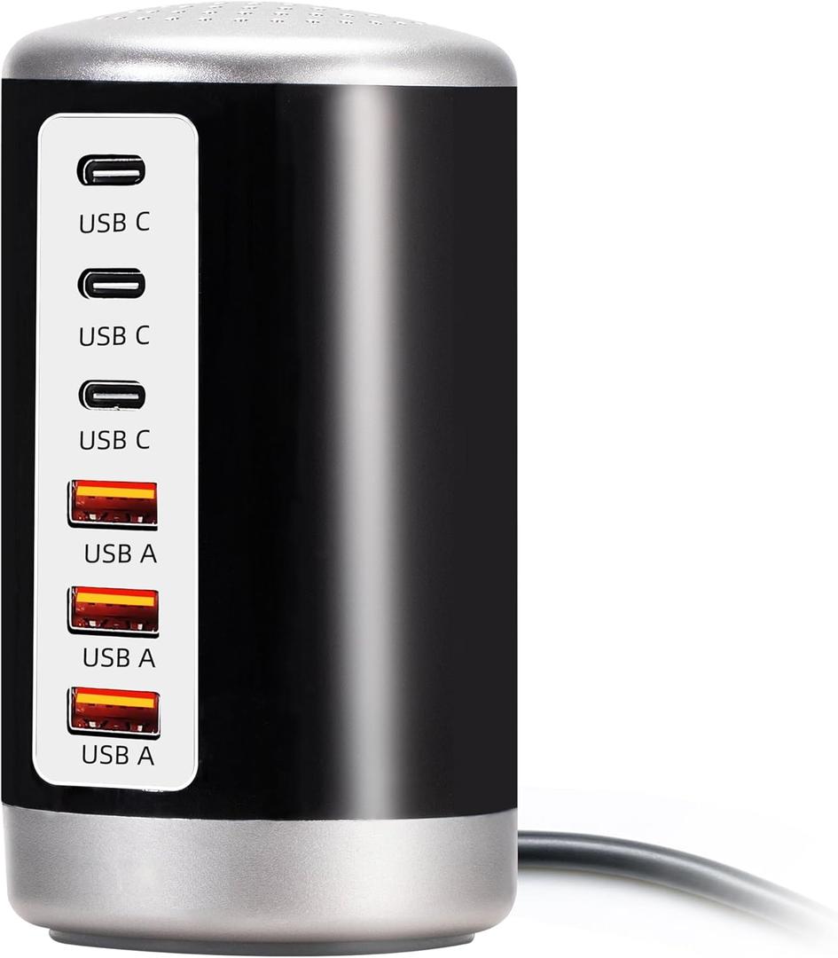 USB Charger,60W USB Charging Station with 6-Port(3 USB-A Port & 3 USB-C Port) Compatible with iPhone 15/14/13/13pro Max 12/12 Mini/12Pro/12 Pro Max/11,Tablets, Smartphones Black and White (Black&White-USB-C&USB-A)
