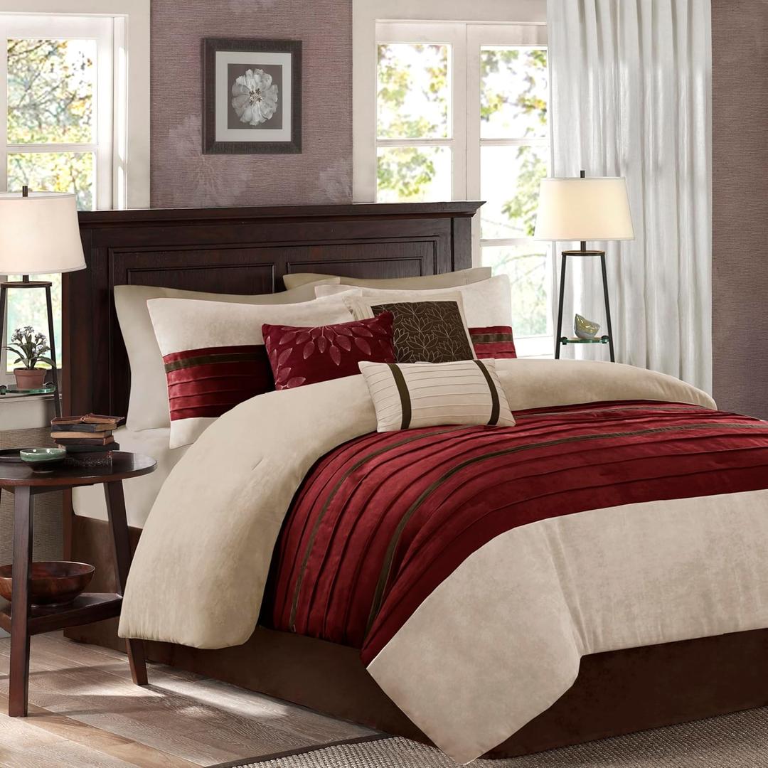 Madison Park Cozy Comforter Set-Luxury Faux Suede Design, Striped Accent, All Season Down Alternative Bedding, Matching Shams, Decorative Pillow, Red, California King (104 in x 92 in)