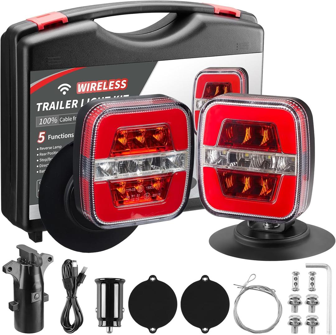 Wireless Trailer Lights - Magnetic Trailer Lights Adjustable Tow Light with Suction Cup, Rechargeable Towing Tail Light Kit Reverse Light Portable LED Towing Lights for Trucks, Boat, RV
