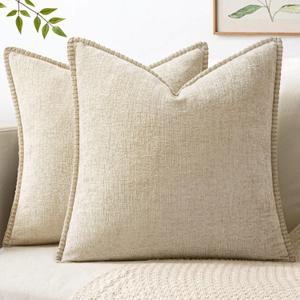 MIULEE Pack of 2 Summer Throw Pillow Covers 18x18 Inch Beige Farmhouse Decorative Pillow Covers with Stitched Edge Soft Chenille Solid Dyed Pillow Covers for Couch Sofa Bed Living Room