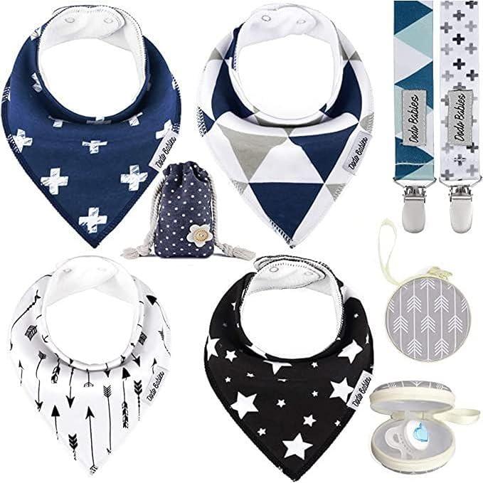 Dodo Babies Baby Bandana Drool Bibs For Girls + 2 Pacifier Clips + Pacifier Case in a Gift Bag, Pack of 4 Premium Quality 