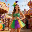 Mardi Mardi Gras Costume Accessory Set Faux Feather Headband Necklaces Earrings Bracelets Bowknot Skirt for Women Mardi Gras Theme Parties Green