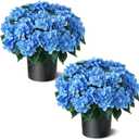 FOTEEWL Artificial Hydrangea Flower Topiary Trees - 2 Sets Faux Silk Flower Potted Plant, UV Resistant Fake Outdoor Hydrangea Bush for Front Door, Farmhouse,Garden, Porch Decor (Blue)