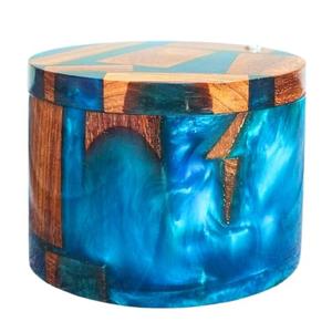Resin Wooden Salt Box with Magnetic Swivel Lid - Handcrafted Namakdani - Rosewood Container for Celtic Salt, Spice, Pepper, Salt Herbs- Elegant Kitchen Accessory for Decorative Countertop(Blue Resin)