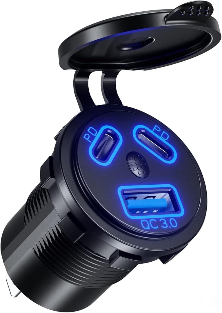 Kewig 12V USB Outlet Car Charge, 108W Super Fast Dual PD3.0 & QC3.0 3-Port Multiple Port for Car, USB C Cigarette Lighter Replacement 12 Volt Socket Waterproof for Marine Motorcycle RV Golf Cart