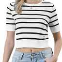 Allegra K Short Sleeve Striped Top for Women Crew Neck t Shirts 2026 Summer Knit Casual Cropped Pullover Sweater (Medium, Black Striped)