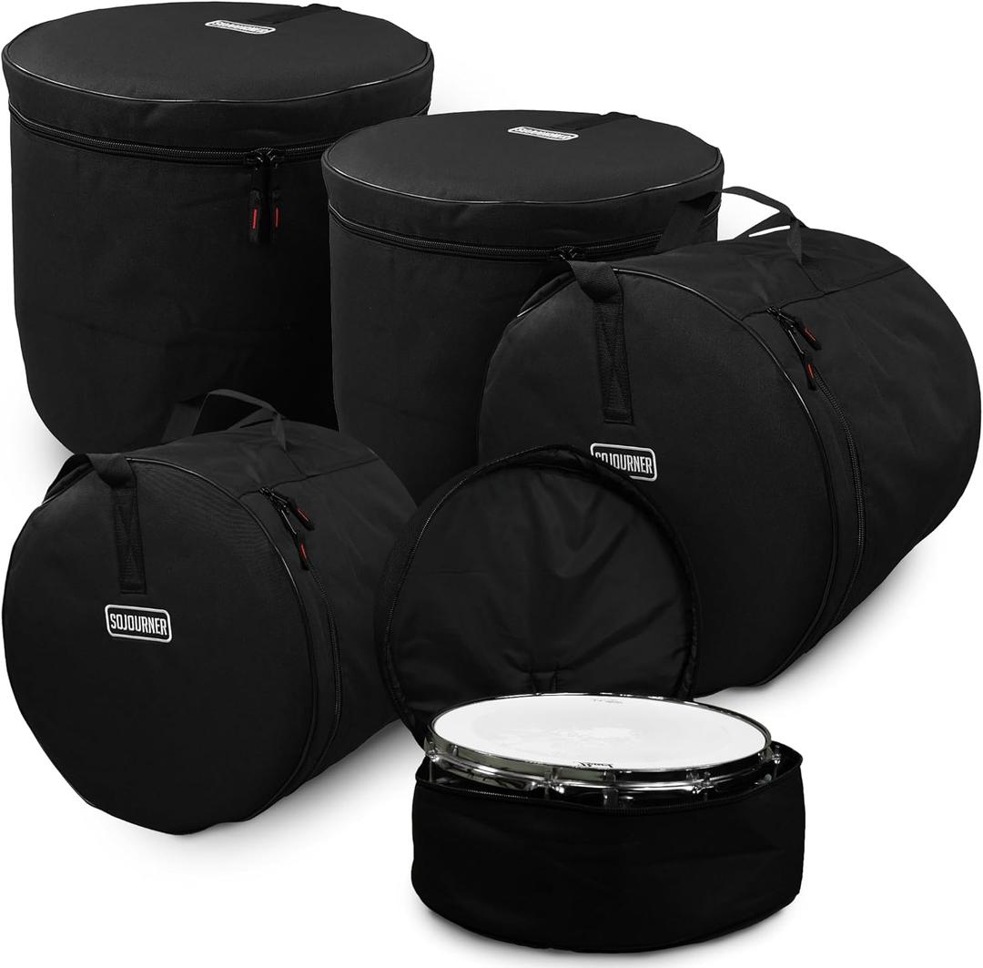 5-Piece Drum Case Set - Travel Bags for Standard Kits, Includes 22" Kick Bag, 12" / 13" / 16" Tom, and 14" Snare, Thick Padding for your Drum Accessories Protection (Black)