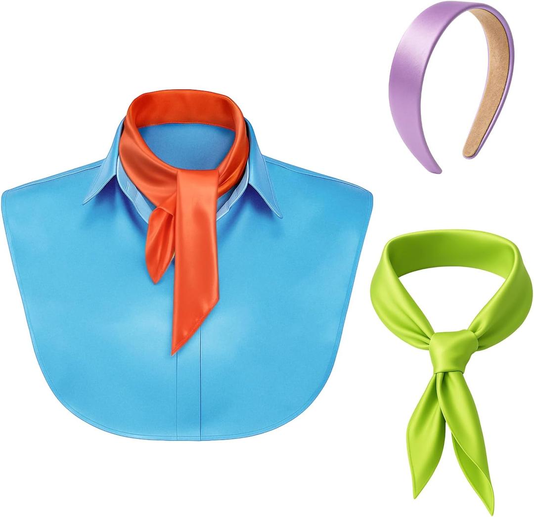 Crowye Halloween Cosplay Costume Set Purple Headband Orange Green Square Scarf Fake Blue Collar for Party Dress up