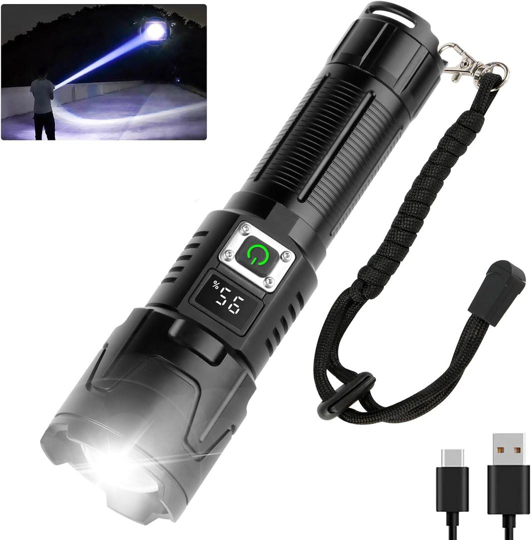 Flashlight Rechargeable USB-C, Flashlights High Lumens3 Light Modes, Digital Battery Display Tactical Flashlight, P65 Waterproof LED Flash Light for Camping, Hiking, Emergencies (H06)