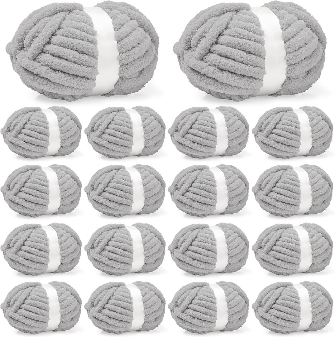 Inhand 18 Pack Chunky Chenille Yarn for Crocheting30.6 Yards, 7.7oz, Soft Fluffy Thick Yarn,Gifts for Women/Grandma/Men Birthday Christmas Unique,Hand Knitting for Blankets&DIY Crafts (Light Gray)