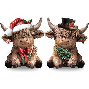 Karenhi 2 Pcs Christmas Highland Cow Decor, 2025 Funny White Elephant Gifts, Resin Highland Cow Figurines Gnomes Scottish Statue Calf with Xmas Tree for Home Garden Kitchen Office Table Decorations