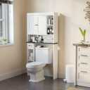 Over The Toilet Storage Cabinet with 7 Shelves, Imitation Walnut Grain Above Toilet Bathroom Organizer with Toilet Paper Holder Stand, Space Saver for Restroom, Laundry, Bathroom (White), 32" W X 9.8" D X 65" H