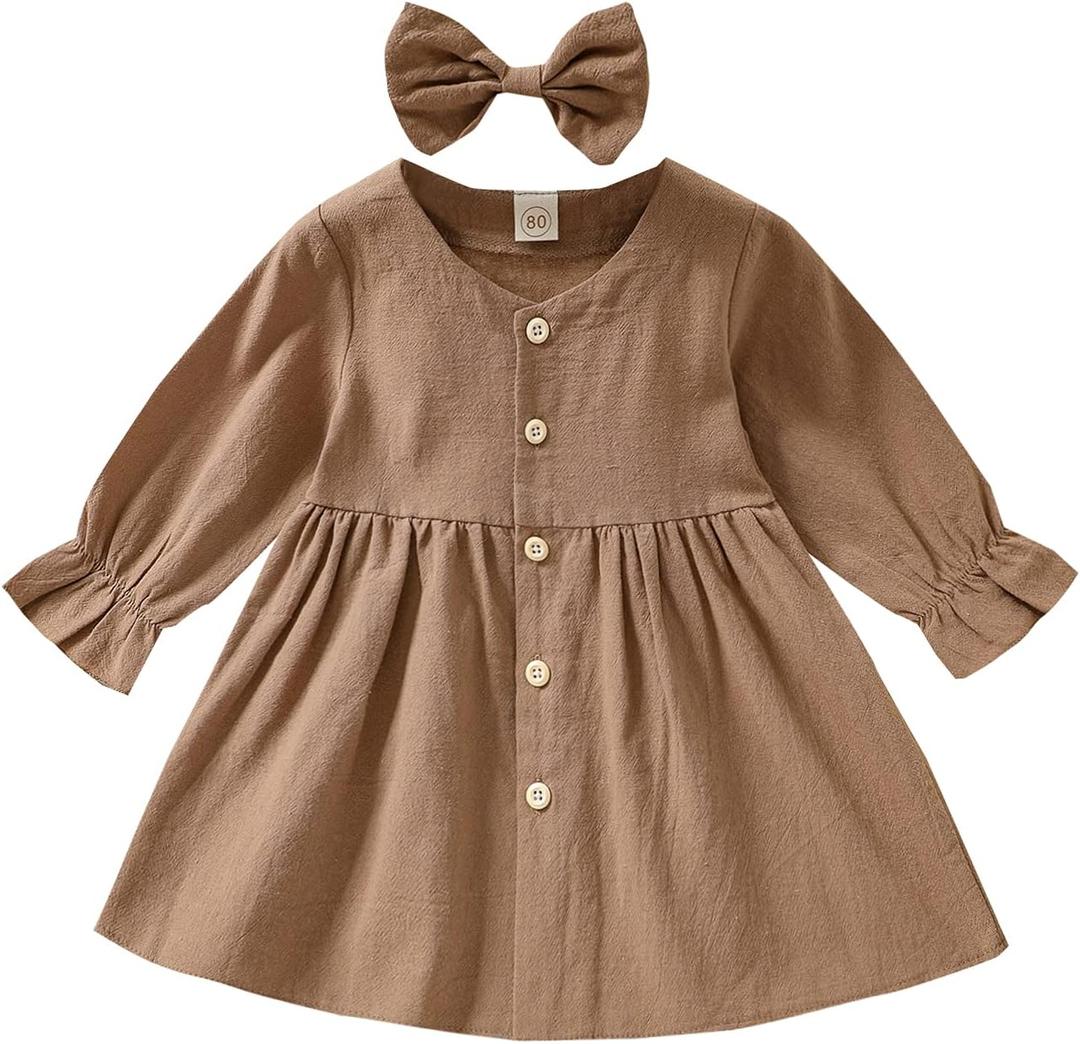 VISGOGO Baby Kids Girl Dresses Outfit Solid Color Long Sleeves Single-Breasted Dress + Headband 2Pcs Clothes (6-12 Months, Khaki)