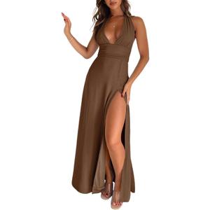 Ekaliy Womens Sexy Halter Deep V Neck Maxi Dress Sleeveless Backless Split Long Dress (XX-Large, Brown)