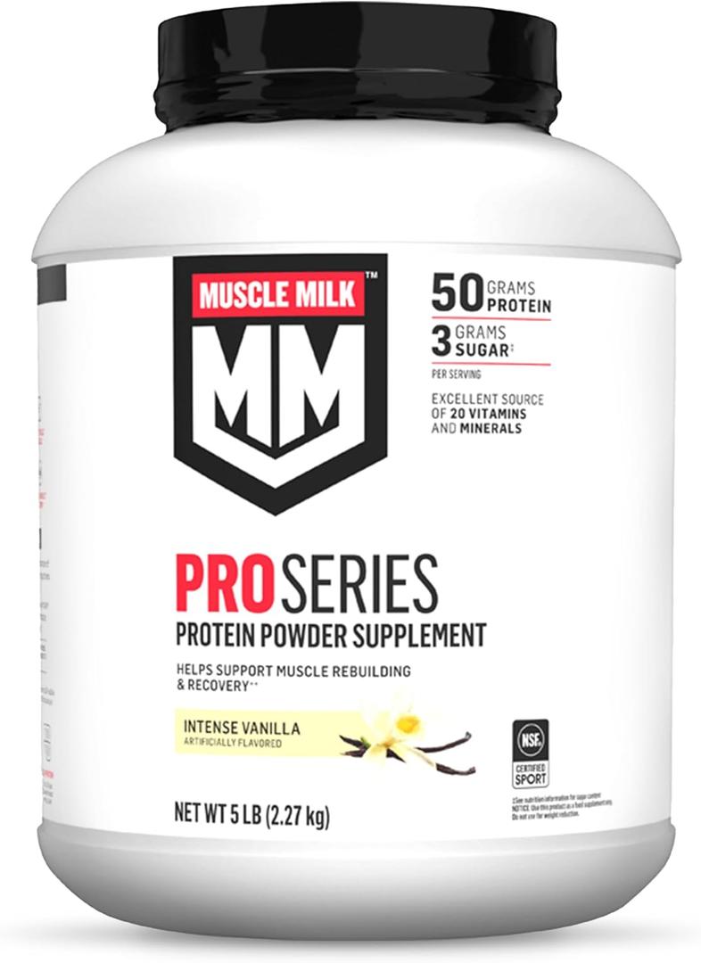 Muscle Milk Pro Series Protein Powder Supplement, Intense Vanilla, 5 Pound, 28 Servings, 50g Protein, 3g Sugar, 20 Vitamins & Minerals, NSF Certified for Sport, Workout Recovery, Packaging May Vary (EXP 08/28/26)