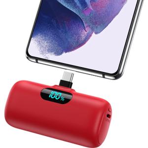 Mini Portable Charger 5000mAh Power Bank,15W PD USB C Cell Phone Portable Power, LCD Display Battery Pack Compatible With iPhone 15/15 Plus/15 Pro/15 Pro Max/Android/Samsung/Moto/LG (Type-C Only) (Red)