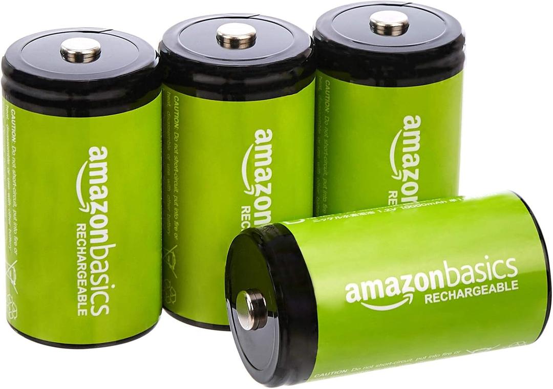 Amazon Basics 4-Pack Rechargeable D Cell NiMH Batteries, 10000 mAh, Pre-Charged, Recharge up to 1000x Times