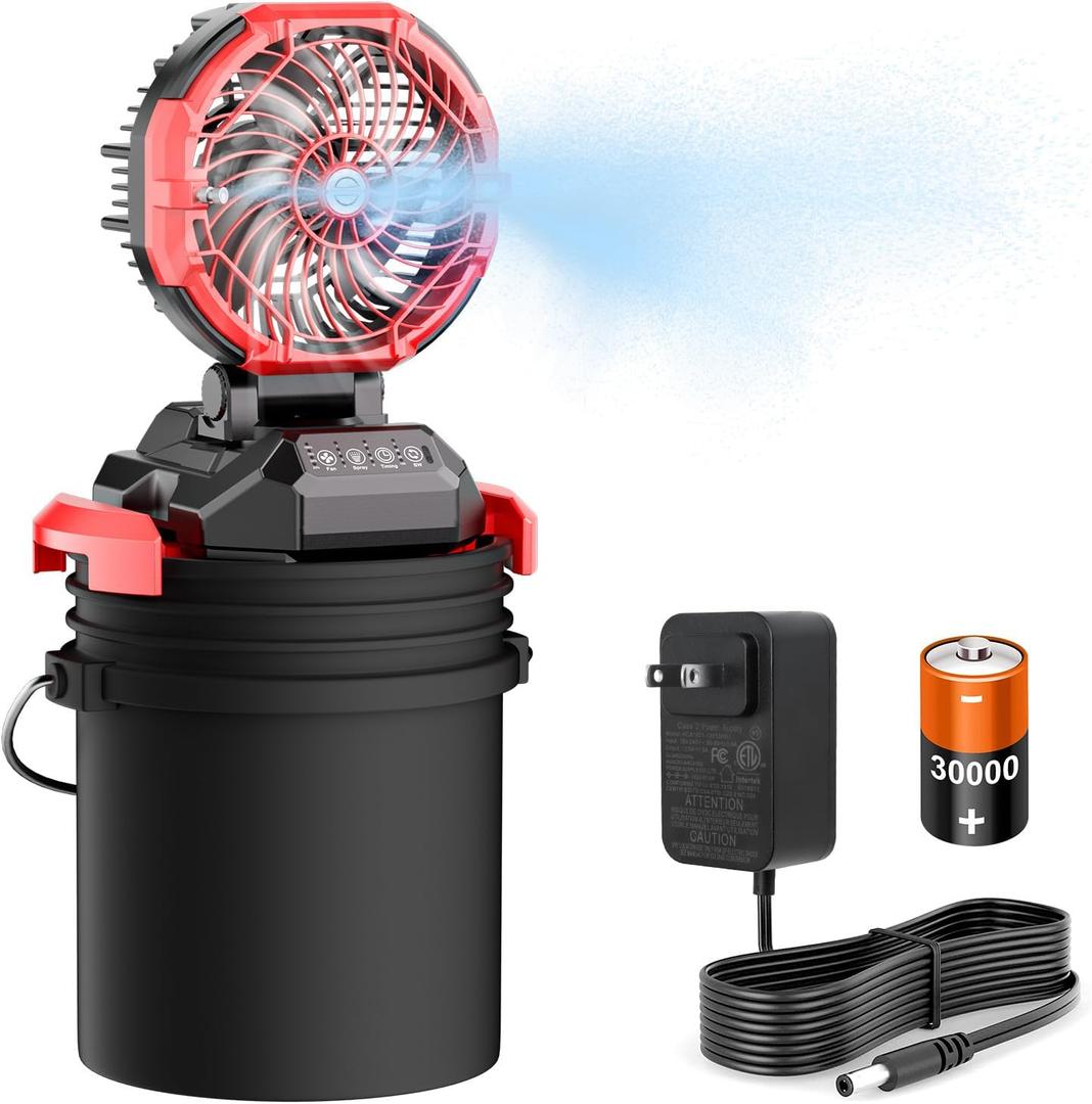 Portable Misting Fan, 30000mAh Rechargeable Battery Powered Floor Cooling Fan with 4 Strong Winds, 4 Spray Mister, Adjustable Base for 10-13in Bucket for Camping, Beach, Patio (No Bucket)- Red (Medium)