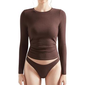 OMKAGI Women Long Sleeve Shirts Cotton Ribbed Fitted Basic Tops Crewneck Y2K Chocolate Small