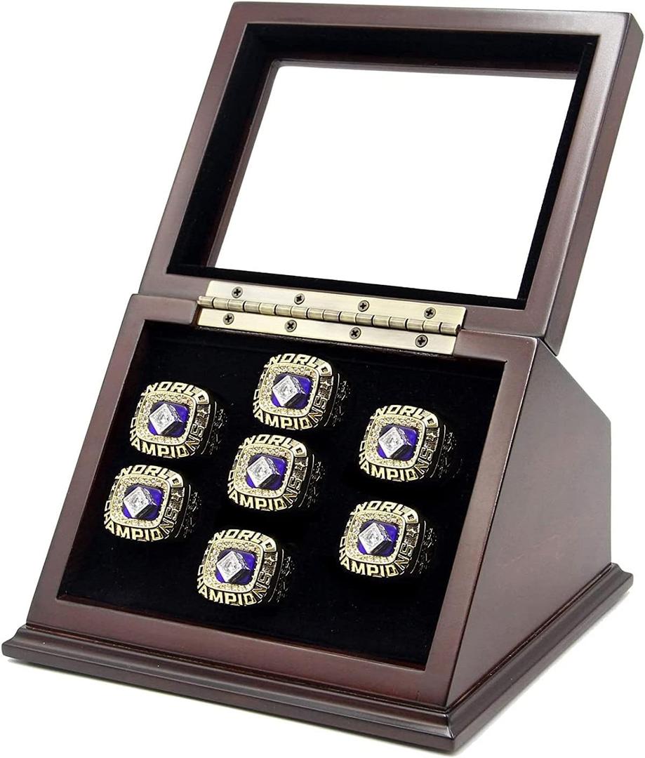 7 Slots Championship Wooden Display Case Shadow Box With Slanted Glass Window for Football, Basketball, Hockey, Sports Rings - Not Included
