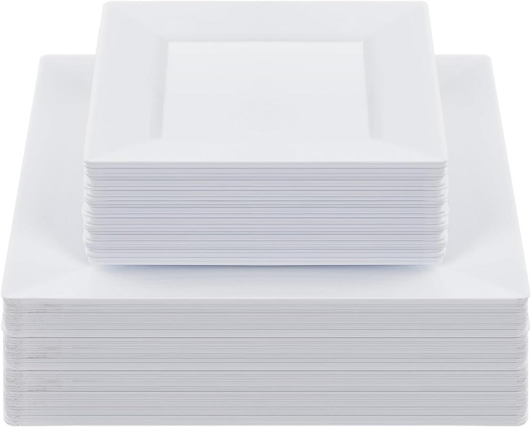 Goodluck 60 Pack Disposable Square Plastic Plates - Heavy Duty Dinner (9.5") & Dessert (6.5") Plates - Fancy for Wedding, Holiday, Birthday - White