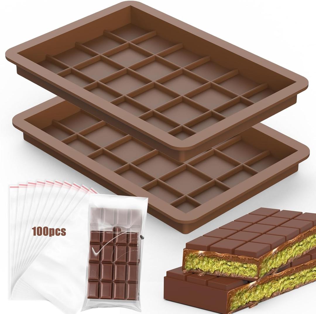 Juome Large Chocolate Bar Mold Deep 2 Pack - 1 Inch Deep Silicone Thick Molds for Stuffed Chocolate, Filling Knafeh Pistachio Candy With 100Pcs Bags (Large 2pcs)