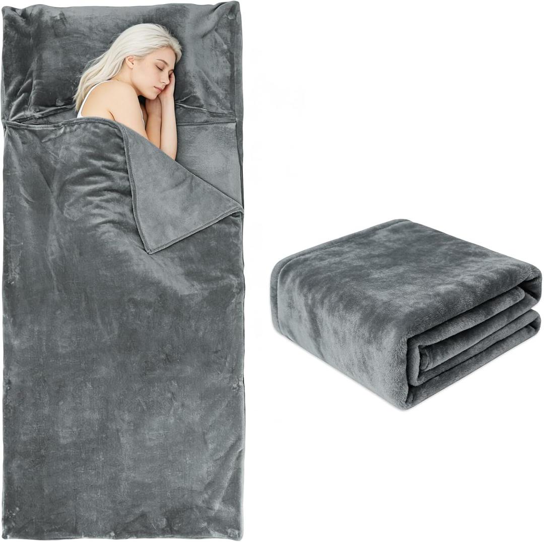 Tuphen Flannel Sleeping Bag Liner, XXL Fluffy Adult Sleeping Sack with Hidden Zipper for Warm or Cold Weather, Thick Travel Sheets for Hotel,Camping,Backpacking,Traveling & Dirty Proof,Gray,86 x 41