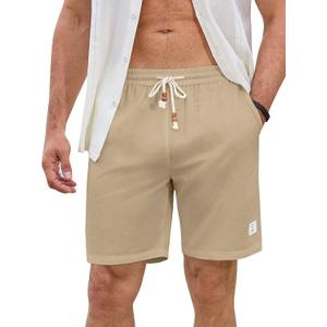 JMIERR Mens Shorts Linen Cotton 7" Casual Elastic Waist Drawstring Lightweight Summer Beach Shorts with Pockets (X-Large, A1 Khaki)