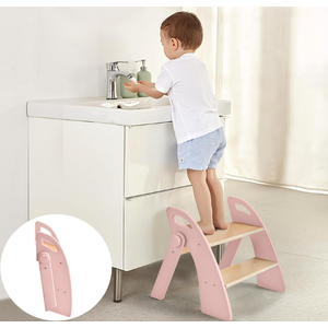 Wooden 2 Step Stool for Kids Bathroom Sink Foldable AntiSlip 2Step for Toilet Potty Training, Child Stepping Stool for Kitchen Nursery Bedroom, Sturdy Non Slip Adult Stool for Closet Pink