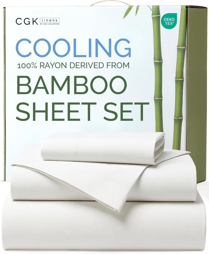 100% Rayon Derived From Bamboo - Bamboo Sheets Twin XL Size - Cooling Sheets for Twin XL - Soft, Breathable & Hotel Luxury Bedding - 1 Flat & 1 Fitted & 1 Pillowcase w/ 18 Inch Deep Pockets - White